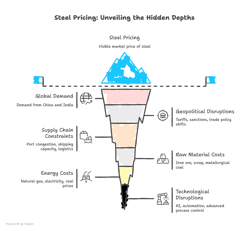 An Iceberg diagram showing the visible market price of steel and the layers of hidden cost