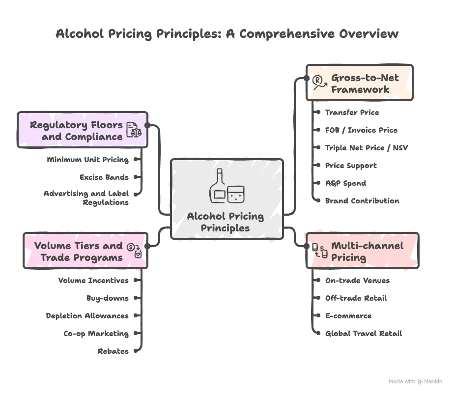 A visual overview of core alcohol pricing principles, showing how Gross-to-Net components, channel dynamics, and compliance layers shape brand profitability.